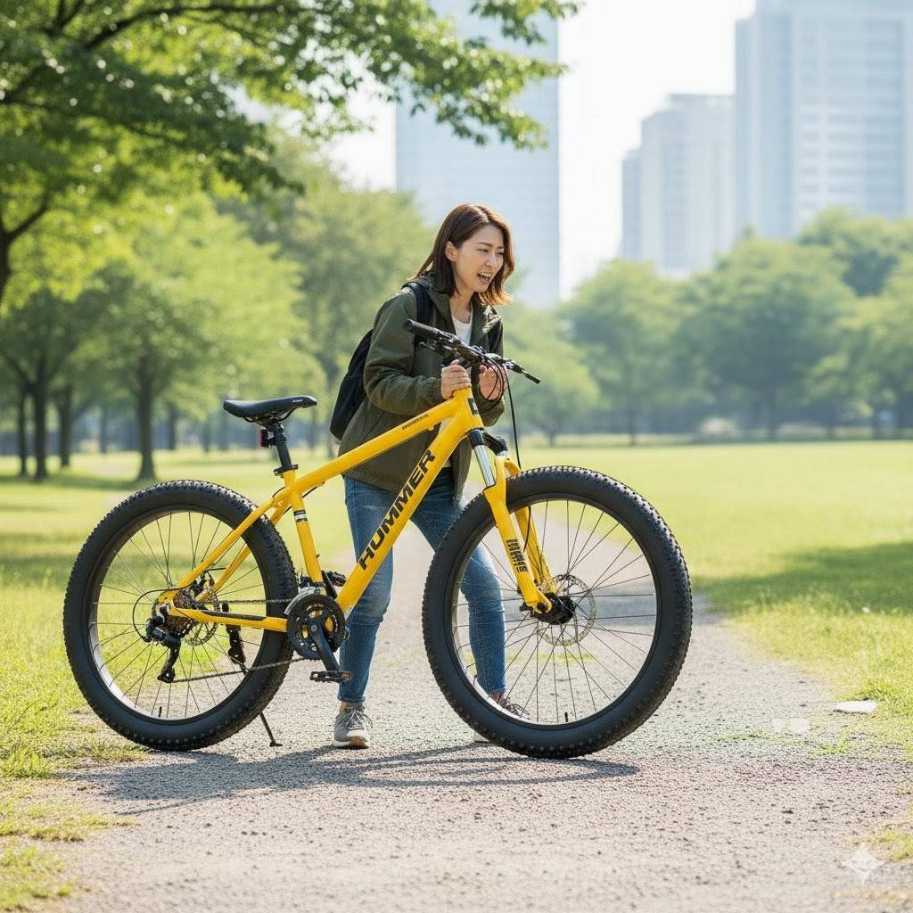 公園の小道で、黄色のファットバイクを押し上げようとして少し苦戦している様子の美しい日本人女性。自転車の重さを表現している。