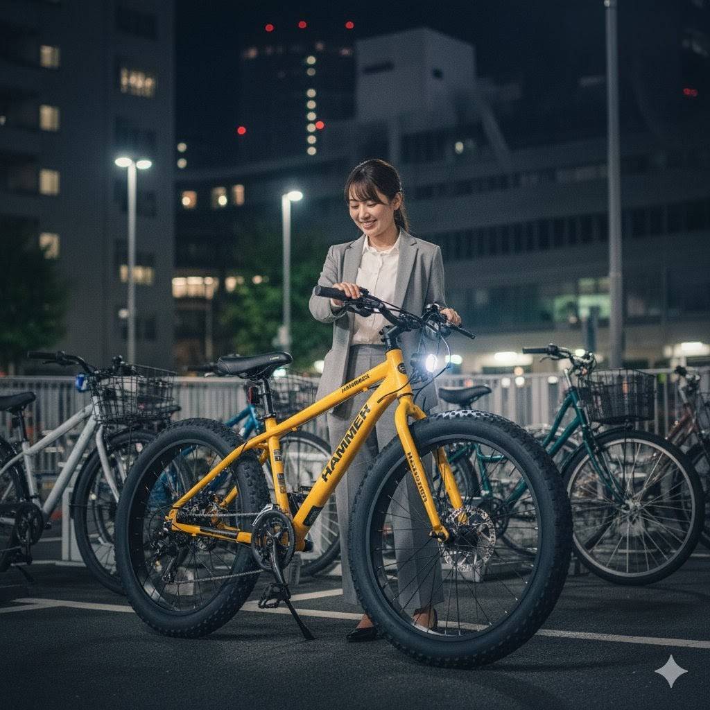 夜の駐輪場で、自分の黄色のハマーファットバイクを見つけて微笑むビジネススーツ姿の美しい日本人女性。彼女は仕事帰りに愛車と再会した喜びを感じている。