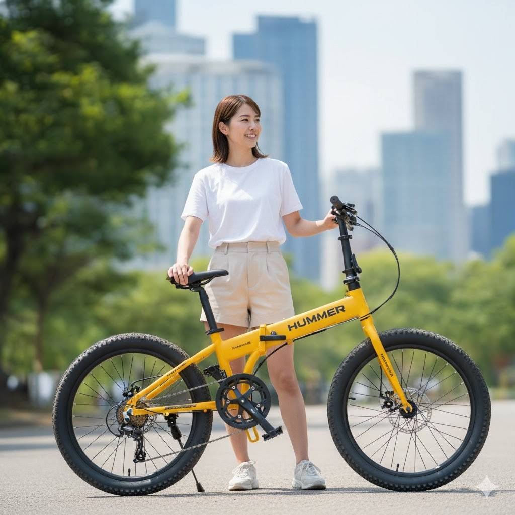 街中の公園で、黄色の折りたたみファットバイクの隣に立ち、笑顔で遠くを見つめる美しい日本人女性。彼女は折りたたみ機能のある自転車をアピールしている。
画像6