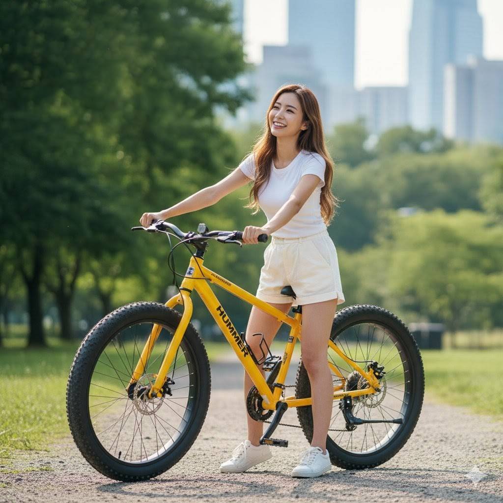公園で黄色のファットバイクにまたがり、楽しそうに笑顔を浮かべる美しい日本人女性。彼女は白いTシャツとショートパンツを着用し、開放的な気分でサイクリングを楽しんでいる。