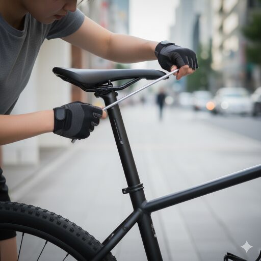 六角レンチを使い、マウンテンバイクのサドル高を精密に調整している日本人女性の横からのクローズアップ。