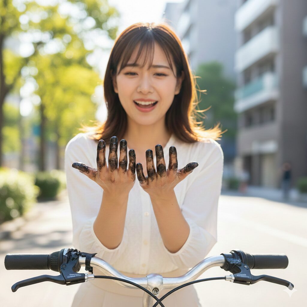 自転車のグリップを握って手が真っ黒になり、困った顔をしている若い女性。