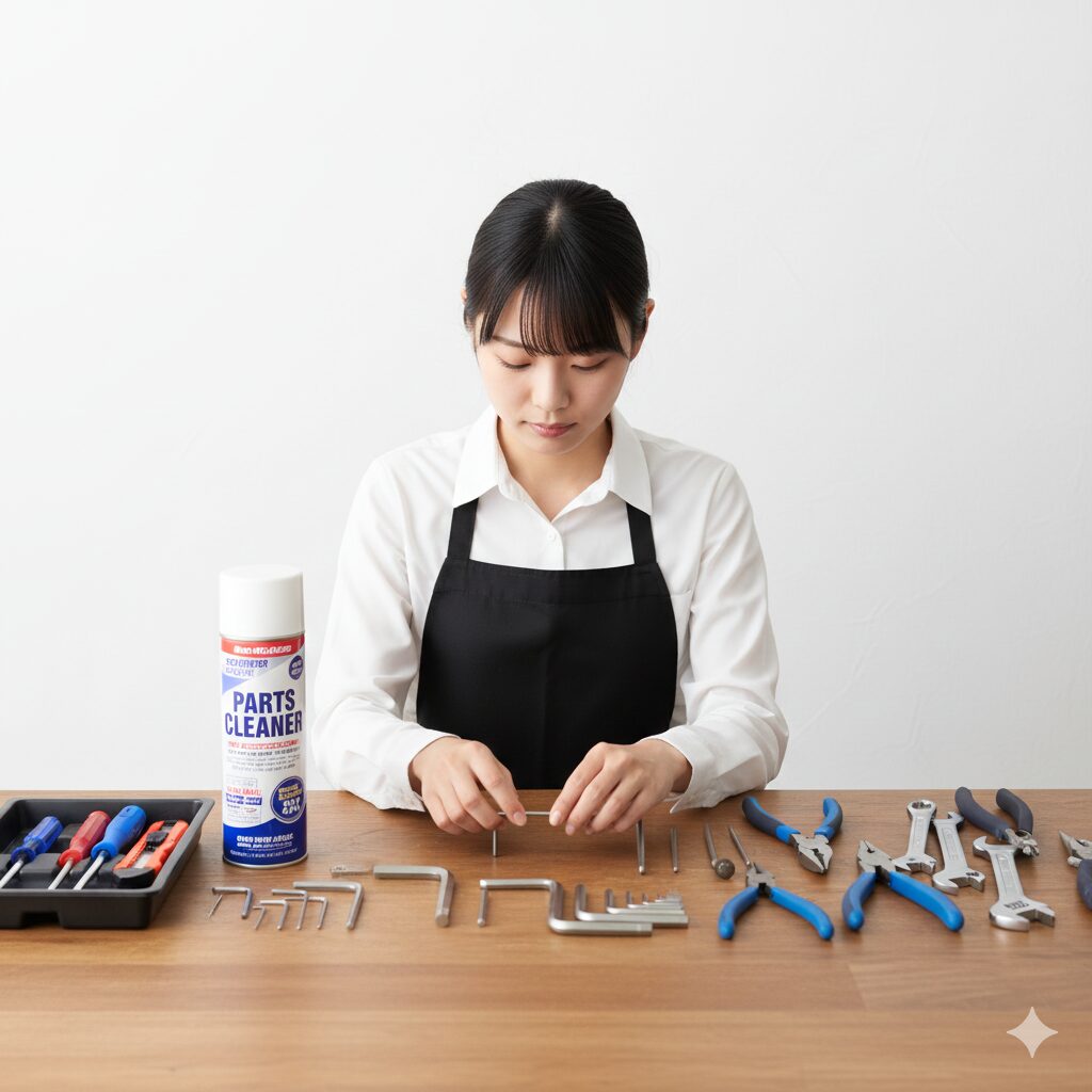 自転車のグリップ交換に必要な工具（ドライバー、カッター、六角レンチ、パーツクリーナー、ペンチ）がテーブルに並べられ、準備する女性。