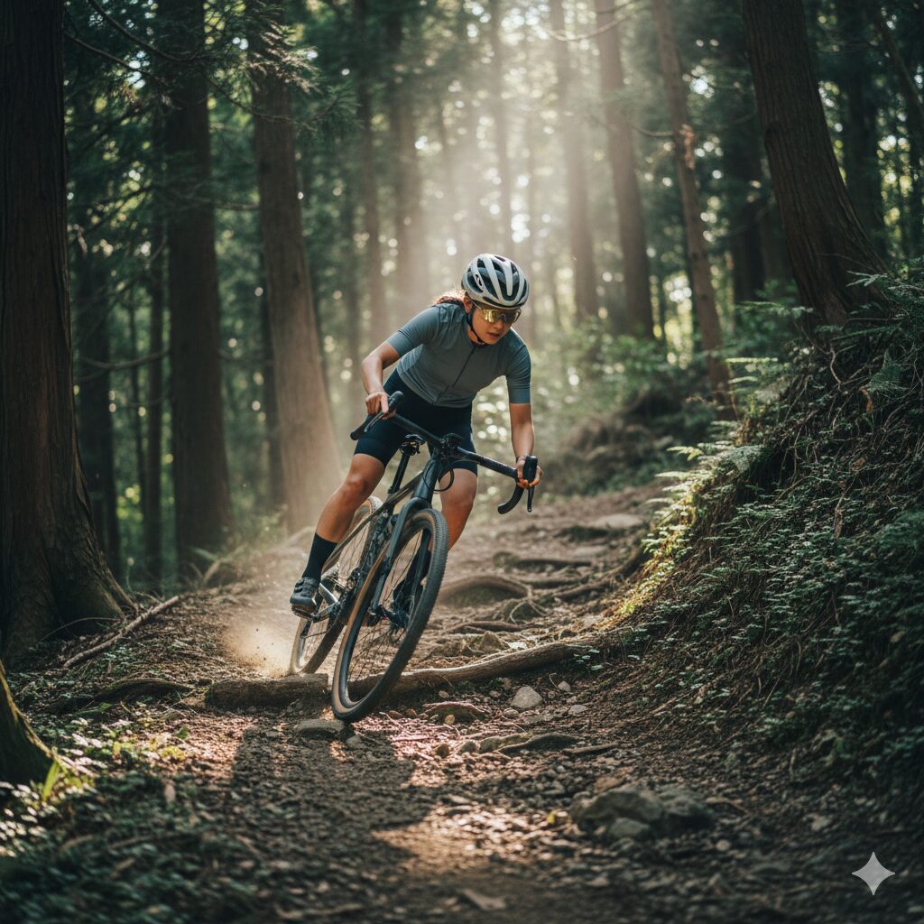 険しいトレイルの下りを走行し、ドロッパーシートポストの恩恵を受けるグラベルバイクに乗る女性。