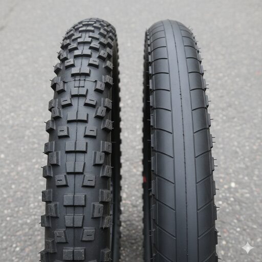 舗装路の上で比較される、左側のゴツゴツしたブロックタイヤと右側の滑らかなスリックタイヤ。