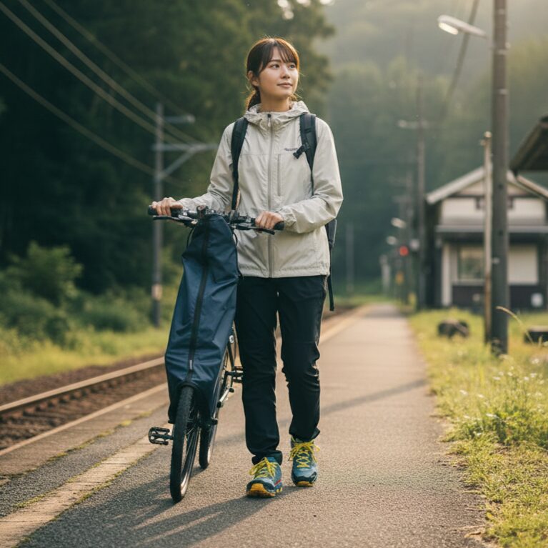 トレイルランニングシューズを履いた女性が、折りたたみ自転車（輪行バッグ）を押して歩いている様子。サイクリングと徒歩移動を両立できる万能性を表現。