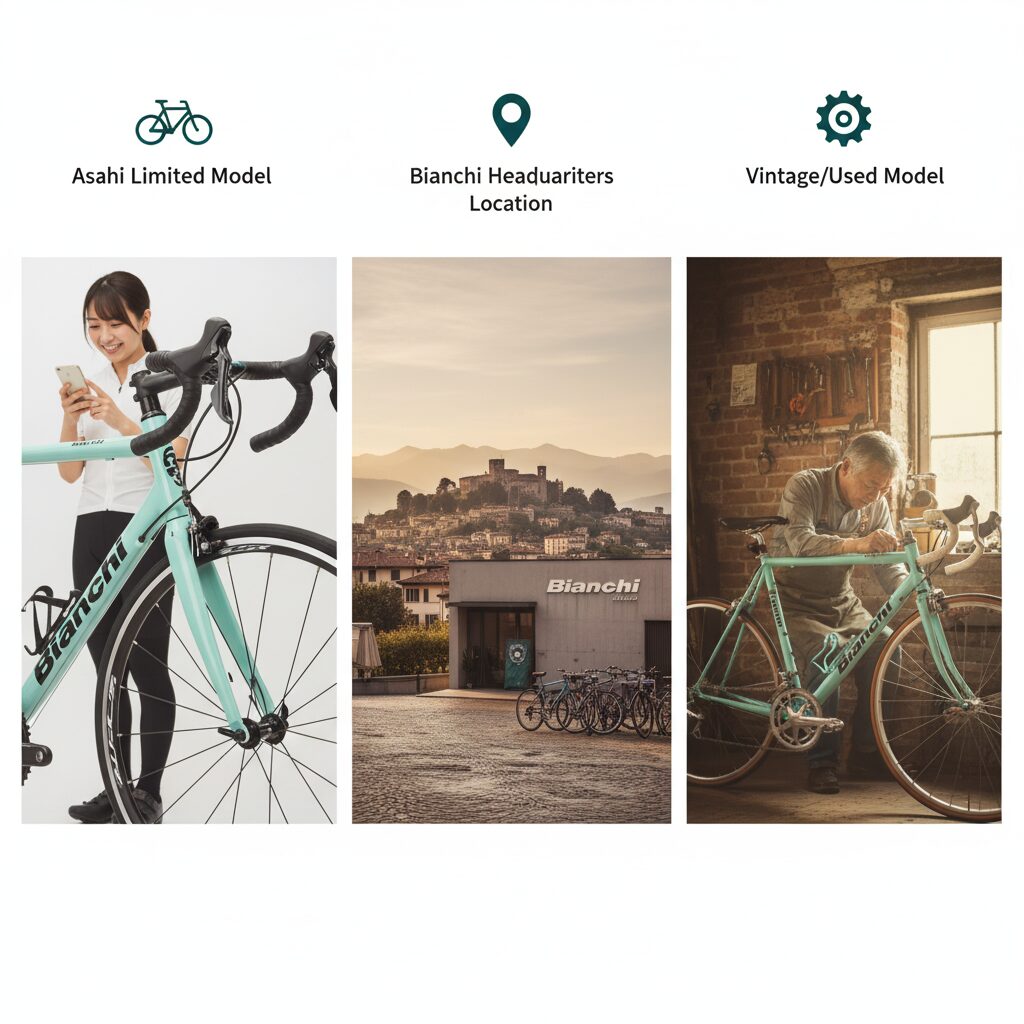 「Asahi Limited Model」「Bianchi Headquariters Location」「Vintage/Used Model」の3つの概念を視覚的に表現したコラージュ。