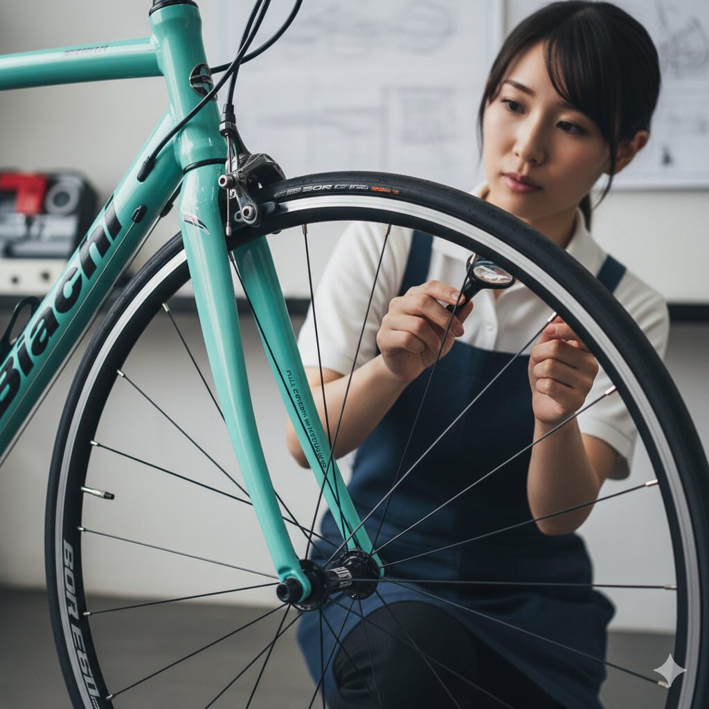 ビアンキ・ベルガモのフルカーボンフォークとタイヤの空気圧をチェックする日本人女性メカニック。