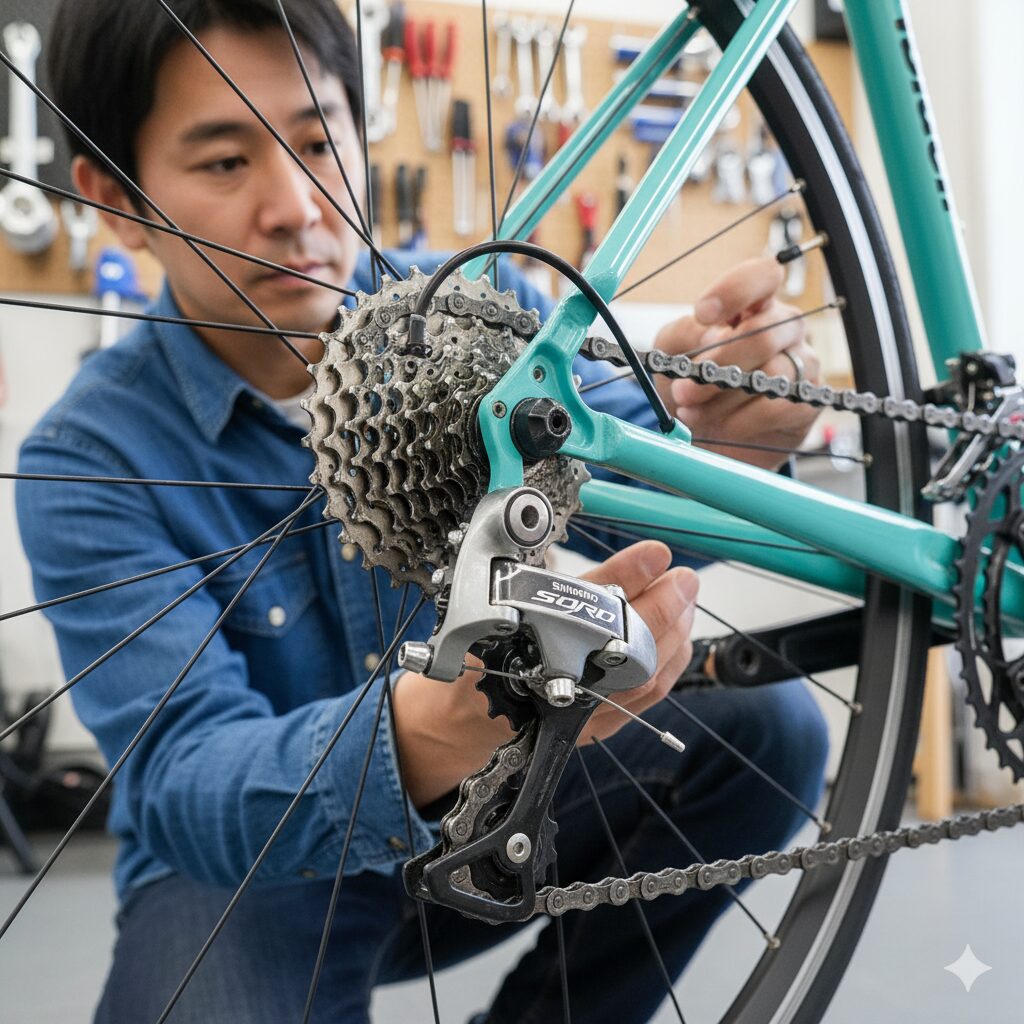 自転車のリアディレイラー（SHIMANO SORA）とスプロケットを真剣な表情で点検する日本人男性。