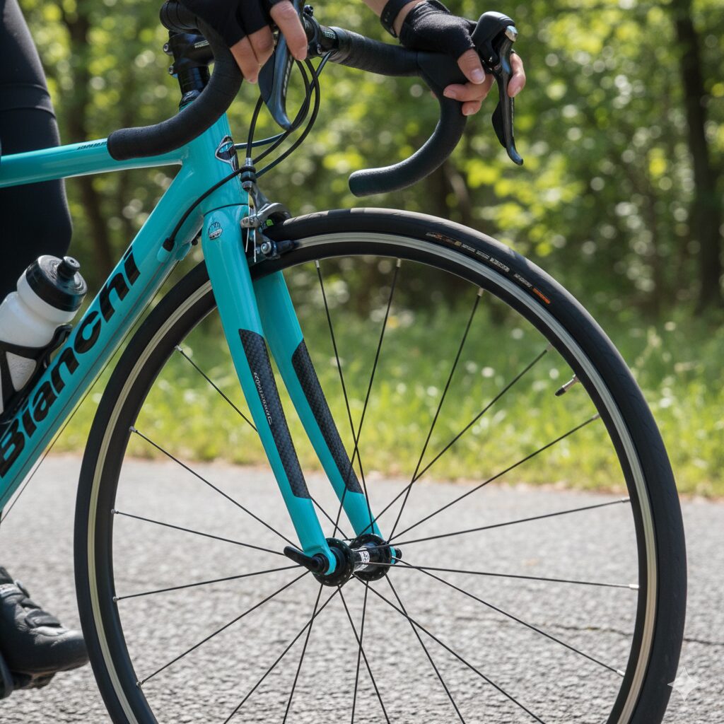 新緑の中、サイクリングロードを走るビアンキ・ベルガモ。フルカーボンフォークと前輪が特徴的に写っている。