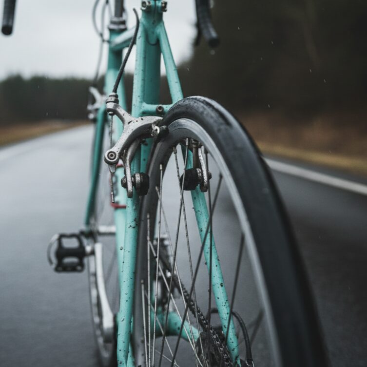 雨に濡れたアスファルトの上を走るビアンキ・ベルガモの後方からのショット。リアブレーキキャリパーが強調されている。