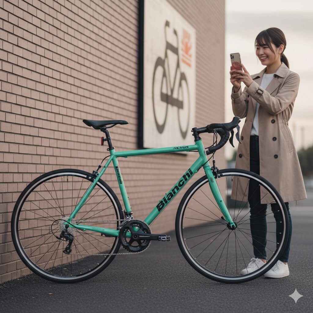 自転車店の前でチェレステカラーのビアンキ・ベルガモをスマートフォンで撮影する笑顔の日本人女性。