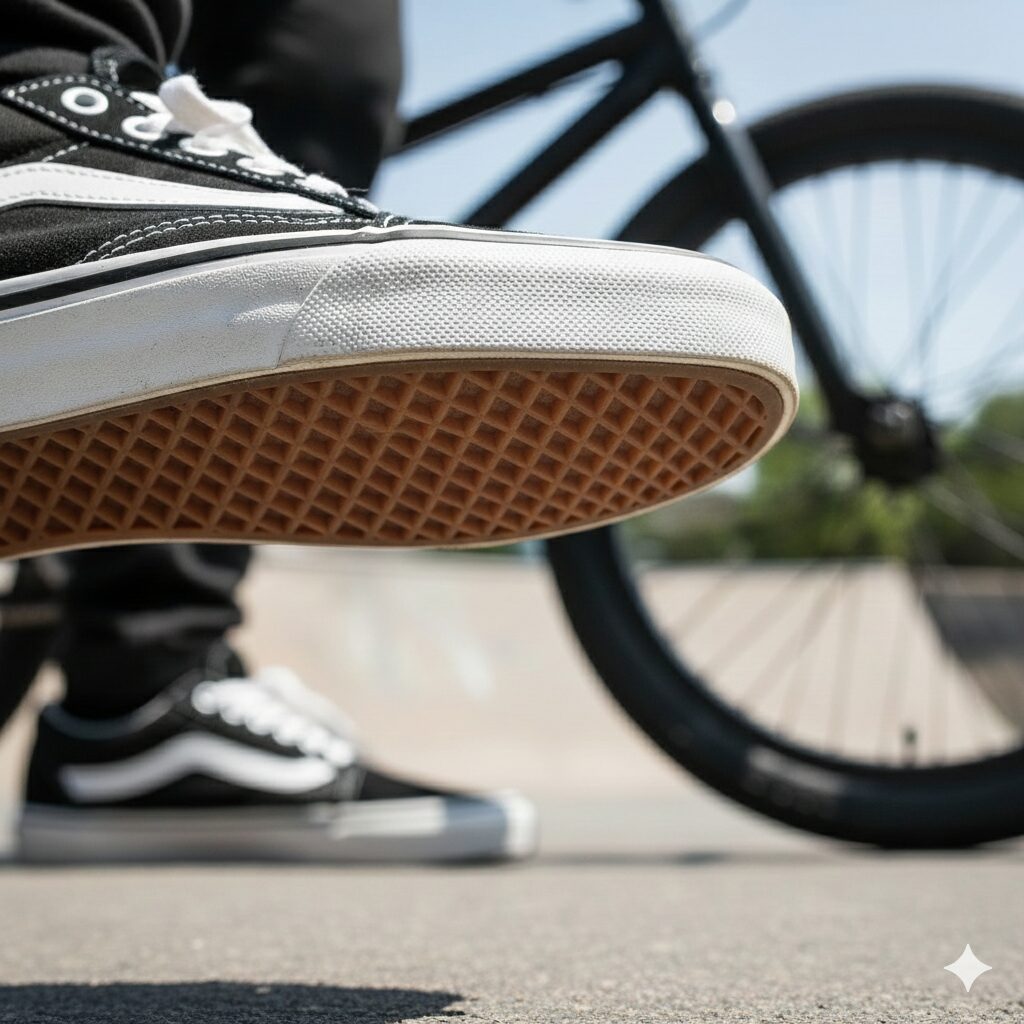 スケートシューズ（Vansなどのワッフルパターン）の溝がはっきりと見えるクローズアップ。高いグリップ力と安定感を示唆