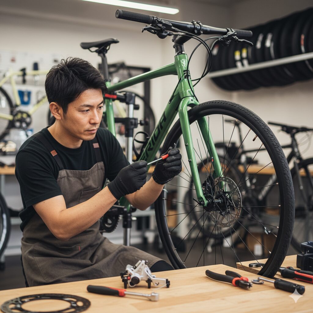 自転車店でメリダ サイレックス100のブレーキを調整する日本人男性メカニック。カスタムやアップグレードの重要性を強調している。
