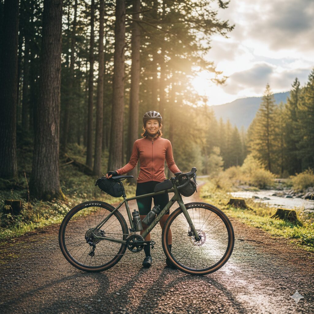 森林のグラベルロードで、メリダ サイレックス100のグラベルロードバイクに寄り添い微笑む日本人女性サイクリスト。夕日が差し込み、冒険的な雰囲気。