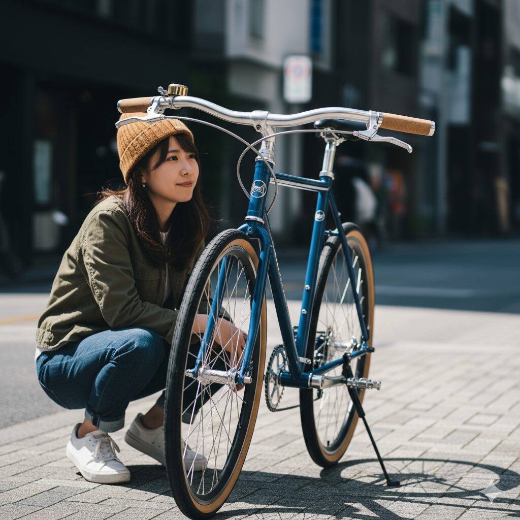 キックスタンドで自立している、スウィープバックハンドルバーとタンカラーのタイヤが特徴の紺色のマウンテンバイク。