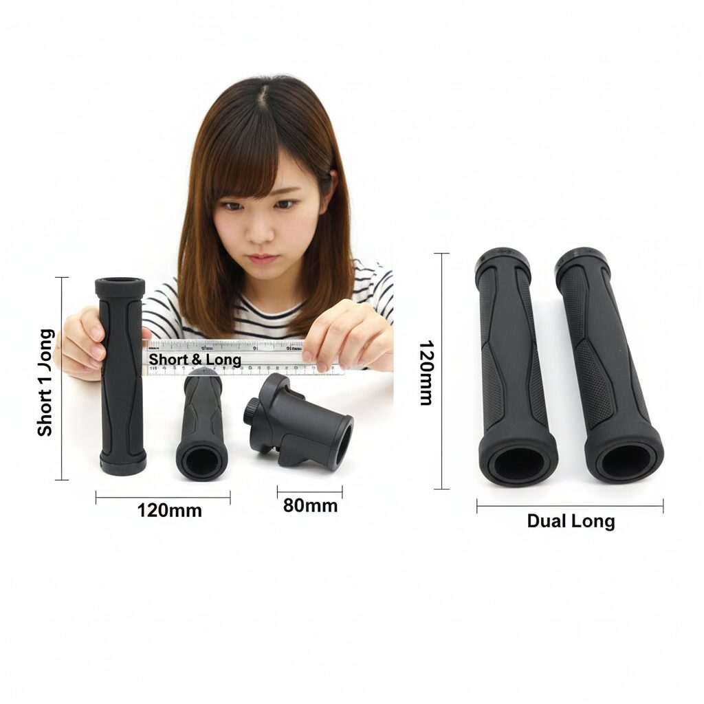 若い女性が自転車のグリップサイズを測っており、異なる長さのグリップが並べられている。