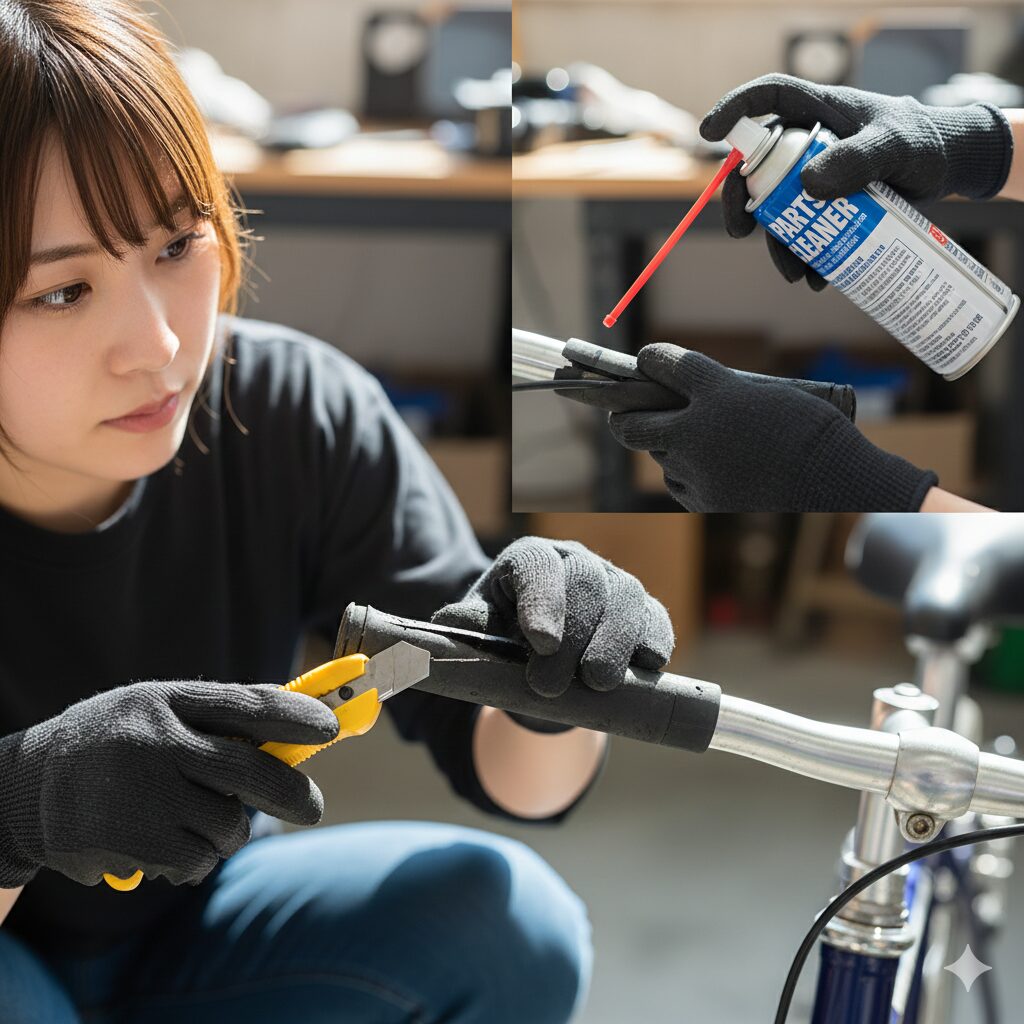若い女性が自転車の古いグリップをカッターで切って剥がしたり、パーツクリーナーを吹き付けている作業風景。