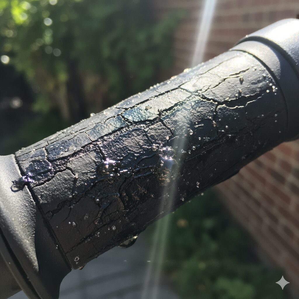 劣化した自転車のゴムグリップがべたつき、ひび割れている様子。加水分解が原因であることを示唆。