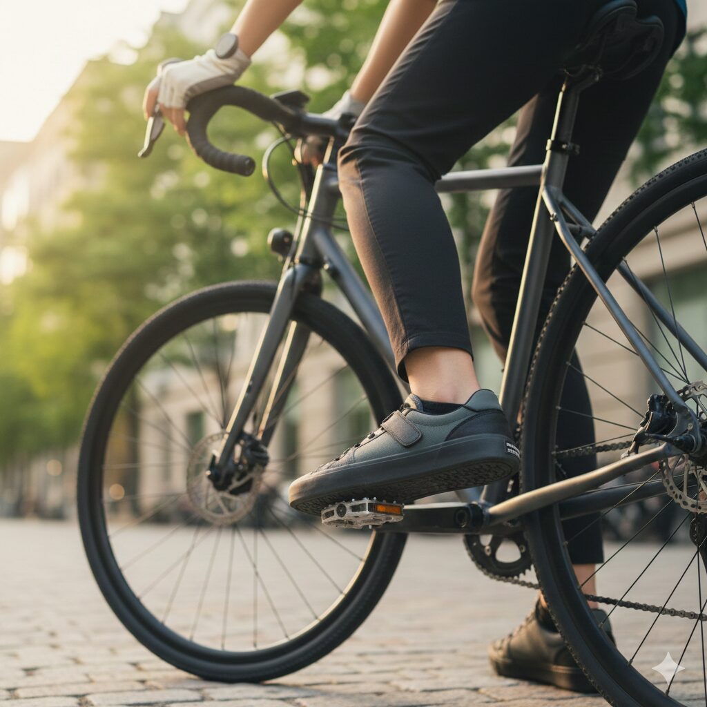 フラットペダル用シューズの代用に求められるグリップ力、ソール剛性、保護力をイメージした、女性サイクリストが自転車とペダルを見つめるクローズアップ写真。
