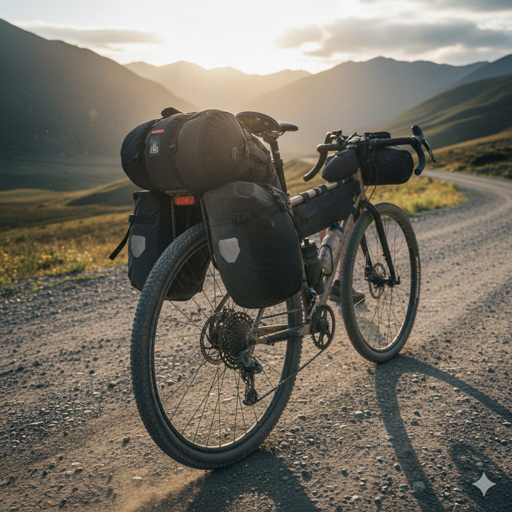 バイクパッキング用の大型サドルバッグを装着し、グラベルを走行している自転車のリアビュー。