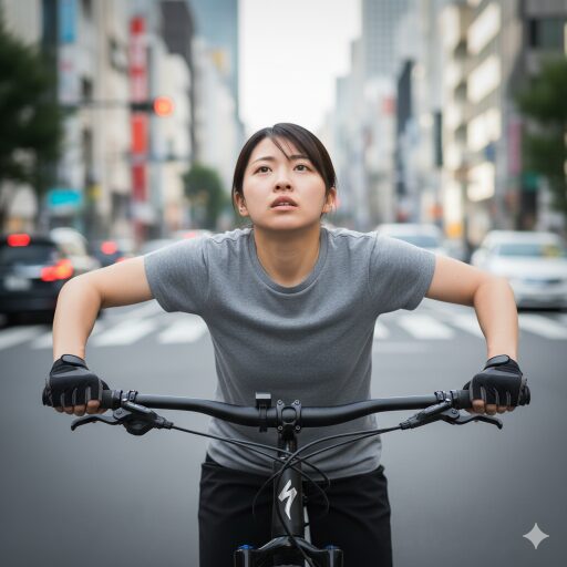 広すぎるマウンテンバイクのハンドルを握り、肩に力が入って緊張している日本人女性の肩周り。
