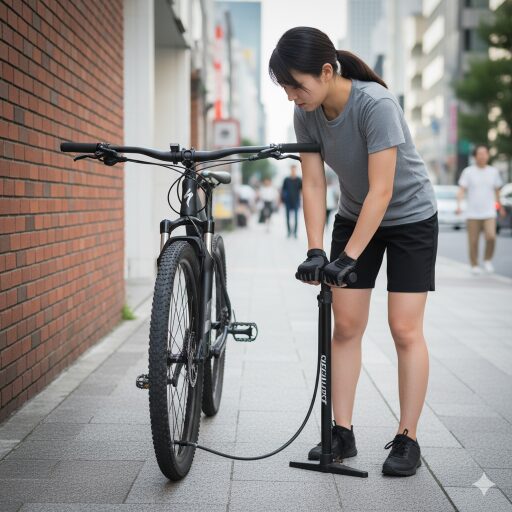 街中でマウンテンバイクにフロアポンプを使い、空気圧ゲージを確認しながら空気を入れる日本人女性。