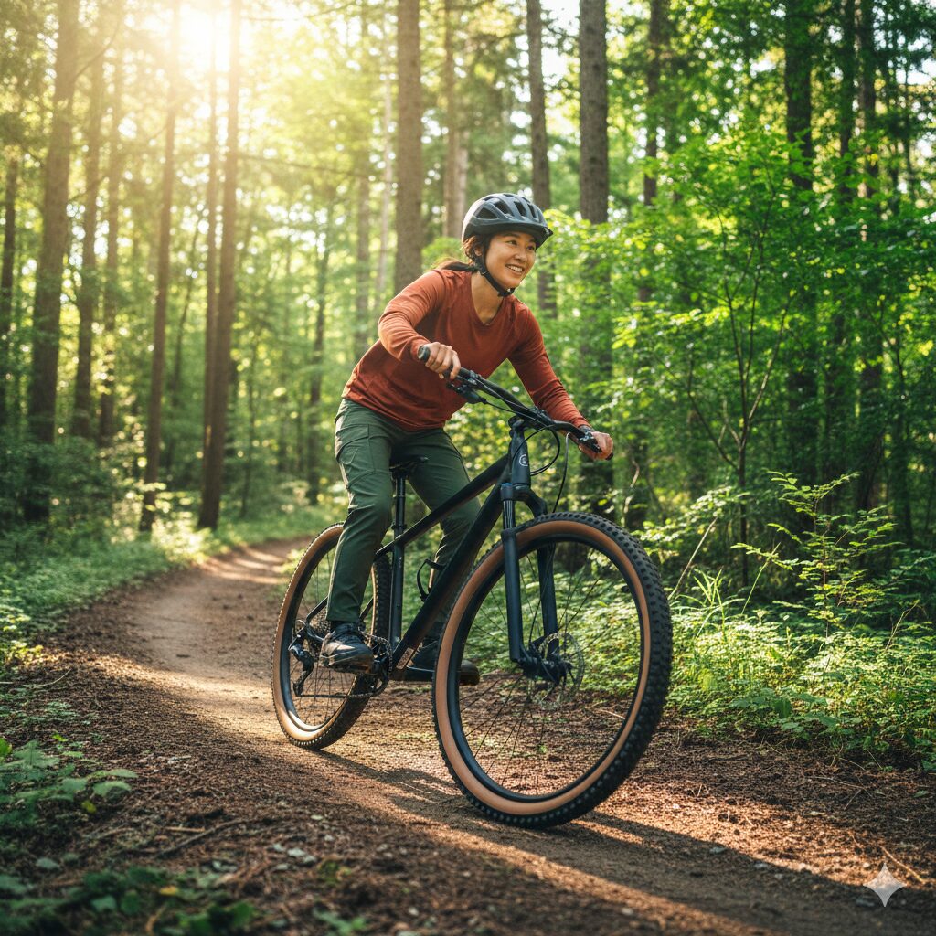 なだらかな土の林道（シングルトラック）を走行するリジッドマウンテンバイクと、操作を楽しむ日本人女性。ライトなオフロードライドの様子。