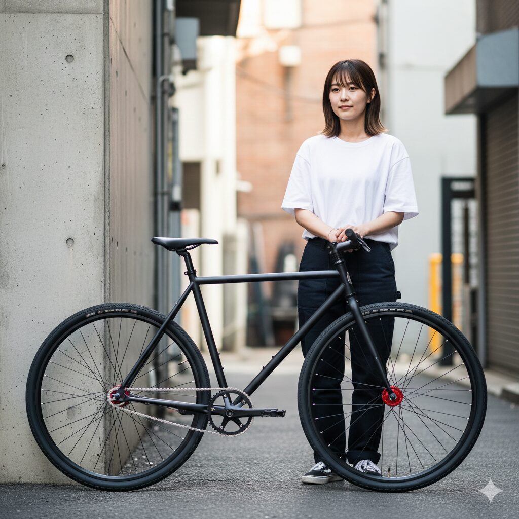 シンプルでメカニカルな美しさを持つシングルスピードのリジッドマウンテンバイクと、その横に立つ日本人女性。変速機のないストイックなスタイル。