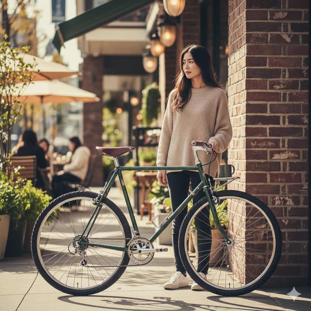 細身のフレームが特徴のクラシカルなダークグリーンのクロモリリジッドマウンテンバイクを、おしゃれなカフェの前に立てかける日本人女性。街に溶け込むファッション性を表現。
