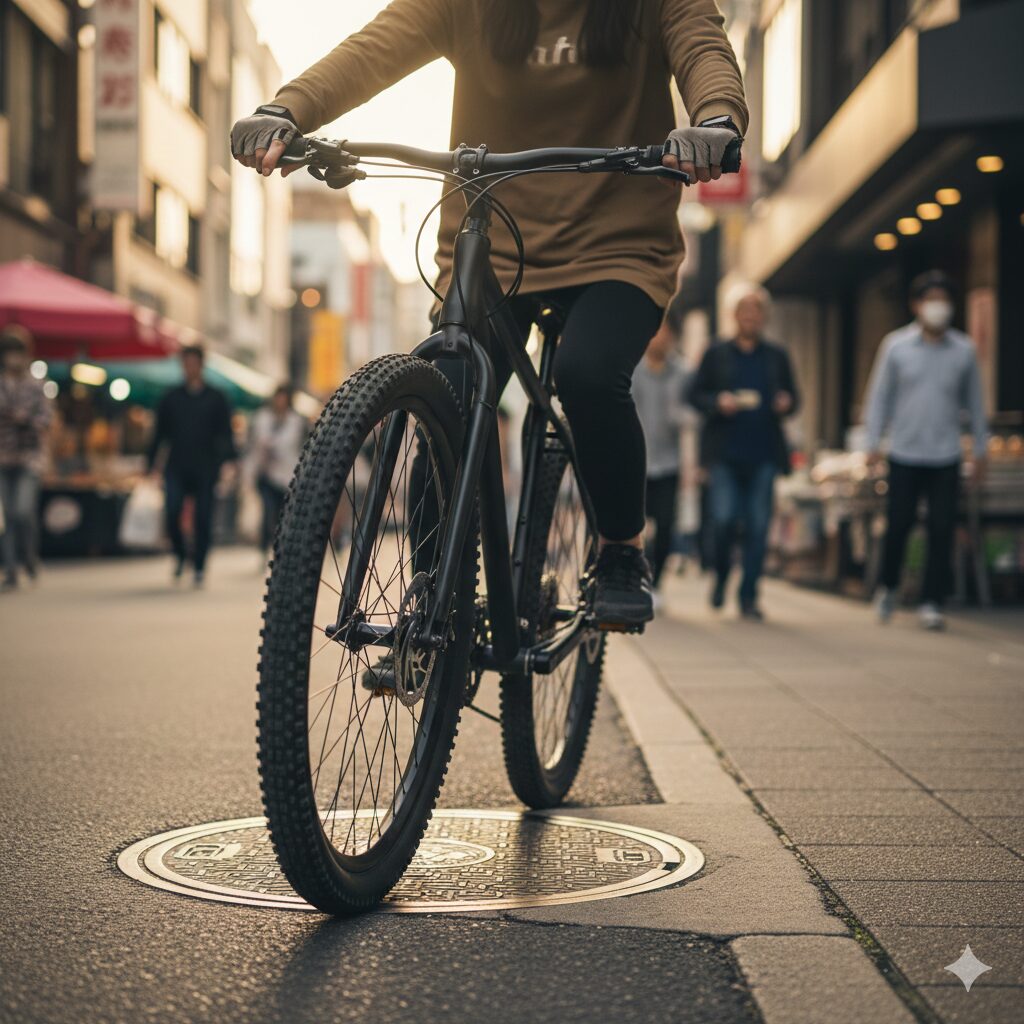 街中の小さな段差や縁石を太いタイヤで乗り越えるリジッドマウンテンバイクと、ハンドルを握る日本人女性の手元。通勤・街乗りでの安定感を示す。