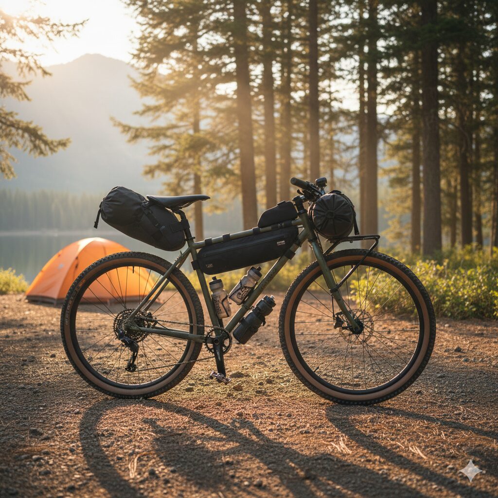 フレームバッグやハンドルバッグなど多くの荷物を積載したバイクパッキング仕様のリジッドマウンテンバイク。長距離ツーリングやキャンプライドに適したタフな外観。