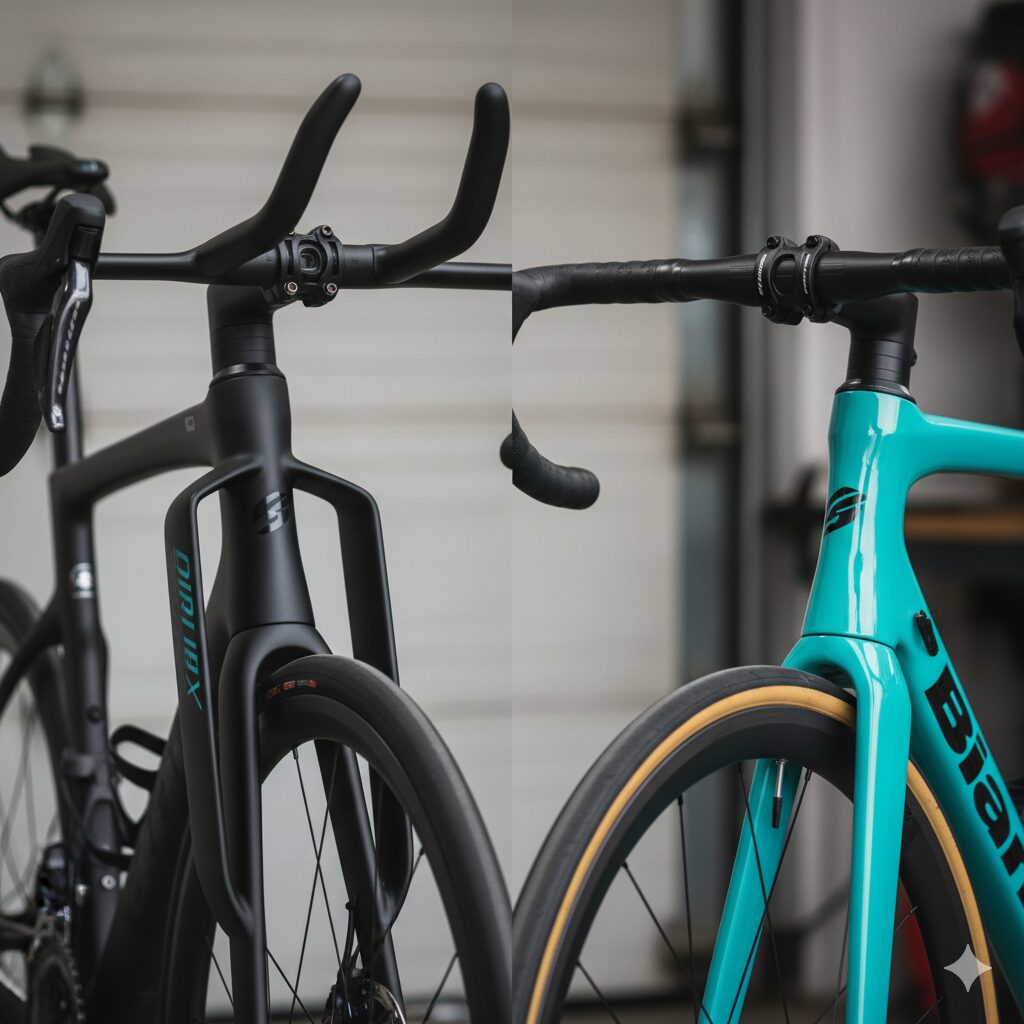 ビアンキのエアロディフレクター搭載モデルと非搭載モデルのヘッドチューブ比較