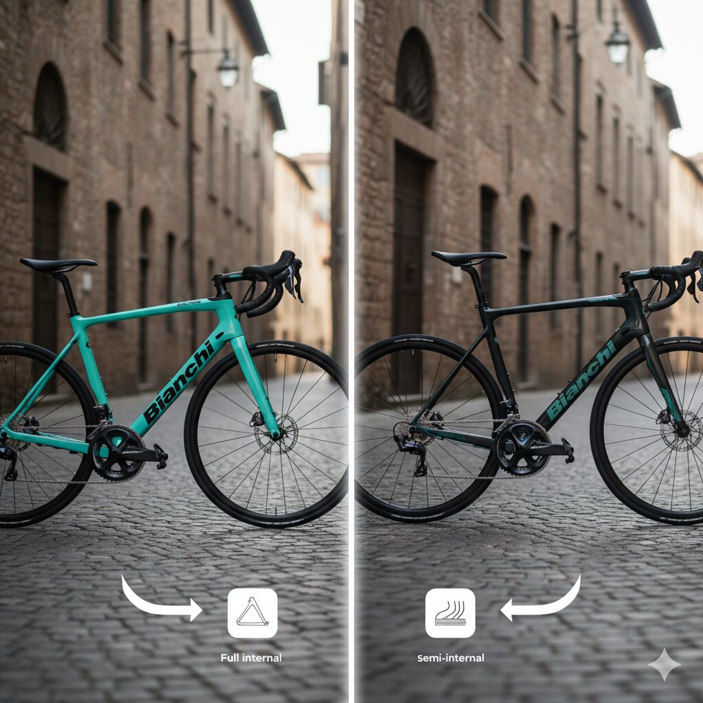 ケーブルフル内装とセミ内装のビアンキロードバイク比較