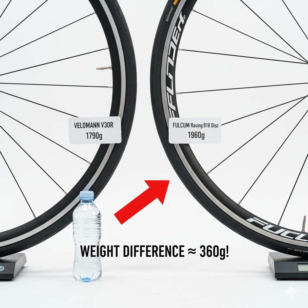 自転車用ホイール「Velomann V30R」と「Fulcrum Racing 818 Disc」の重量比較を示す図