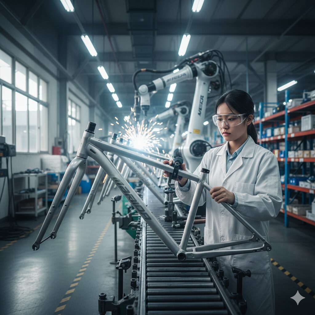 最新鋭の自転車製造工場で、マウンテンバイクのフレームを精密に組み立てる様子。