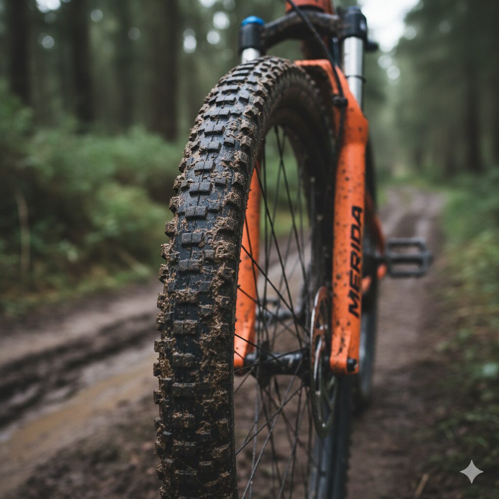 マウンテンバイクの標準装備タイヤのクローズアップ。トレイル走行後の泥が付き、グリップ性能を想起させる。