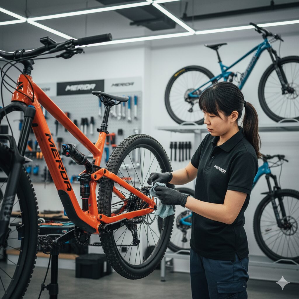 自転車専門店のメカニックが、マウンテンバイクの専門的なメンテナンス（サスペンション点検）を行っている。