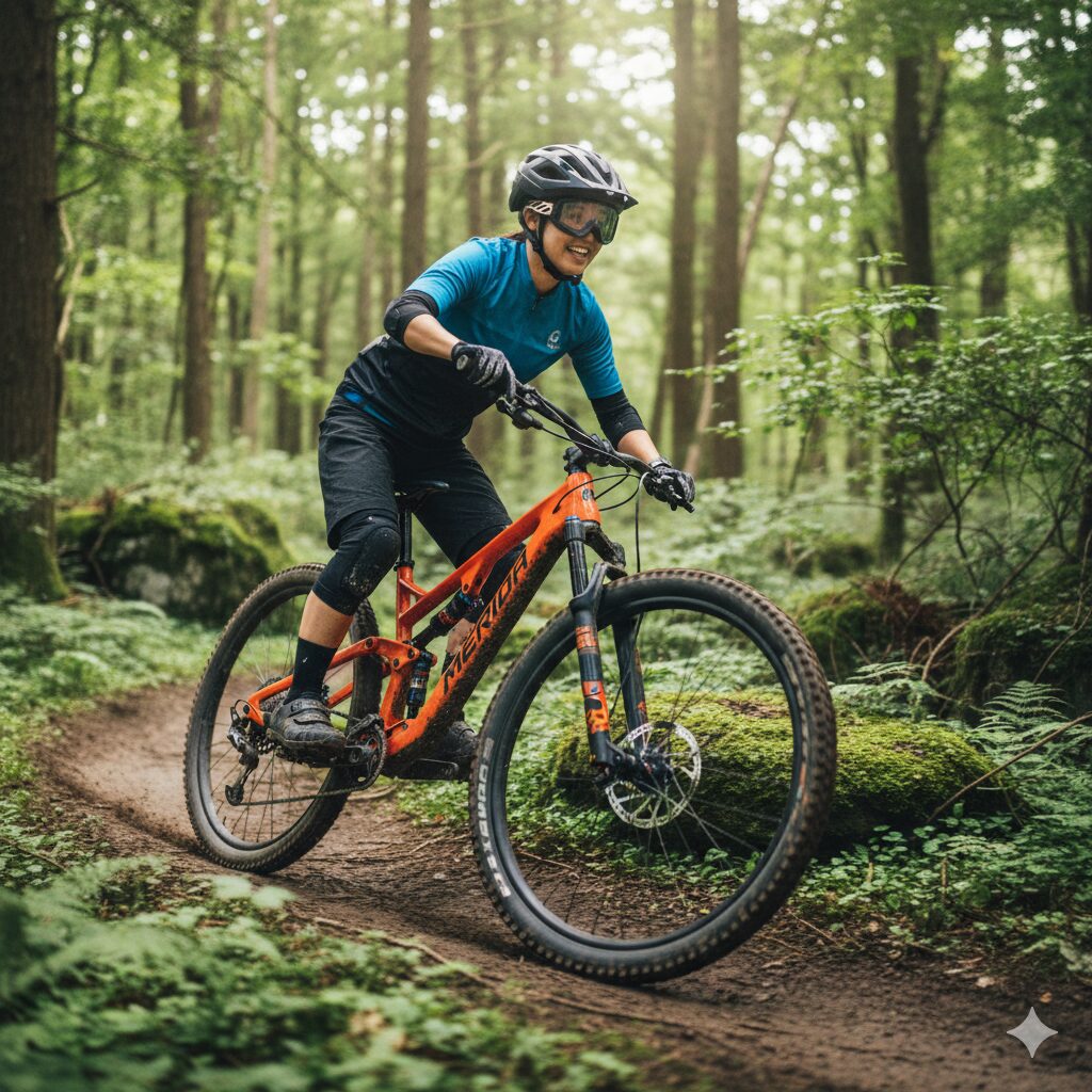 メリダのマウンテンバイクに乗り、緑豊かな森のトレイルを駆け抜ける日本人女性ライダー。