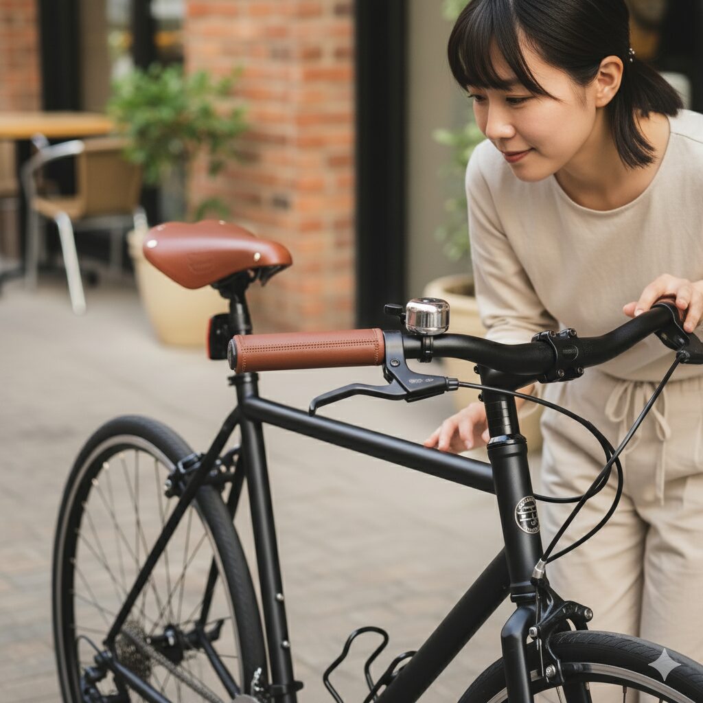 ブラウンのレザーグリップとサドルにカスタマイズされたルイガノ製クロスバイクのハンドルとシート部分のクローズアップ。