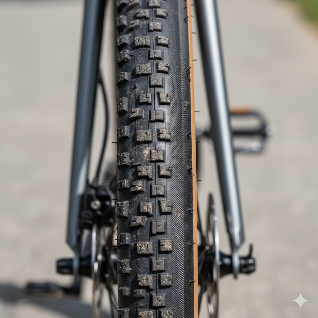 砂利道走行用のブロックタイヤとスキンサイド（タンカラーの側面）が特徴の自転車のタイヤのクローズアップ。