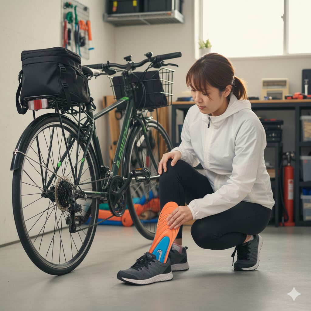 土踏まずのサポートとしっかりしたかかとカップを持つ高機能なインソールを、靴に挿入している様子。代用シューズの安定性を高めるための対策。