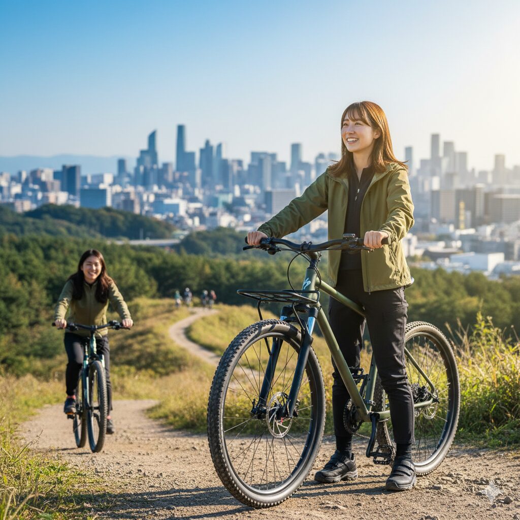 街のスカイラインを背景に、土の道をリジッドマウンテンバイクで走る美しい日本人女性。街乗りと軽いオフロードの両方を楽しむイメージ。