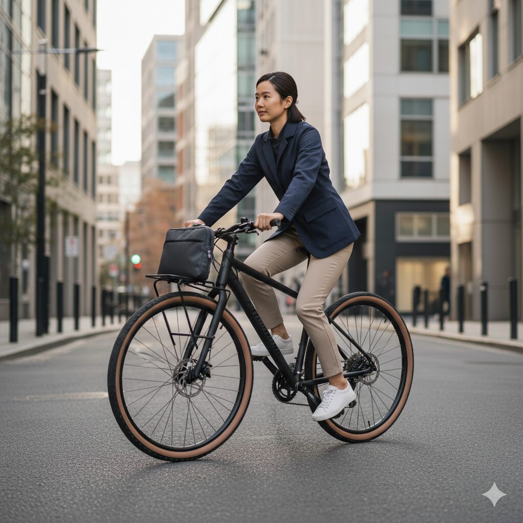 ジャケットとチノパンで自転車通勤する日本人女性。ビジネスバッグを自転車に載せ、都市の通りを走行している。