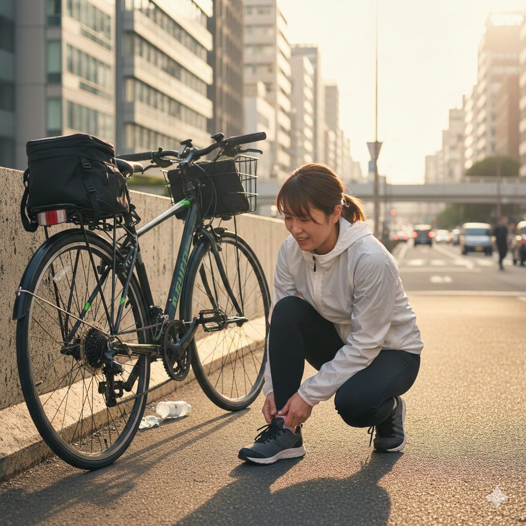 ランニングシューズを履いた日本人女性が、クロスバイクの横にしゃがみ込み、足裏に違和感を覚えている様子。柔らかいソールによる足への負担を示唆。