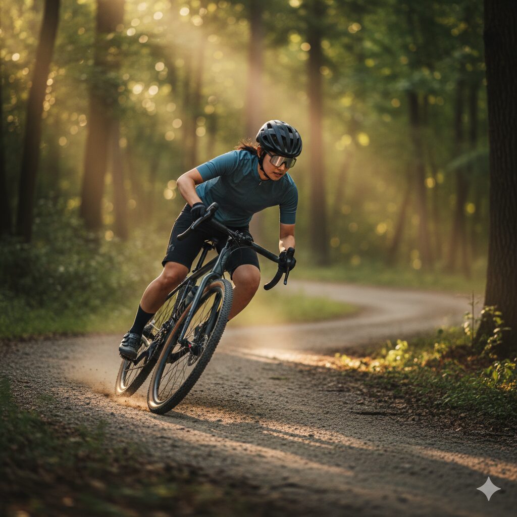 緩やかなグラベルの坂を下りながら、自転車の基本スキルである体の使い方（重心移動）を実践する女性サイクリスト。