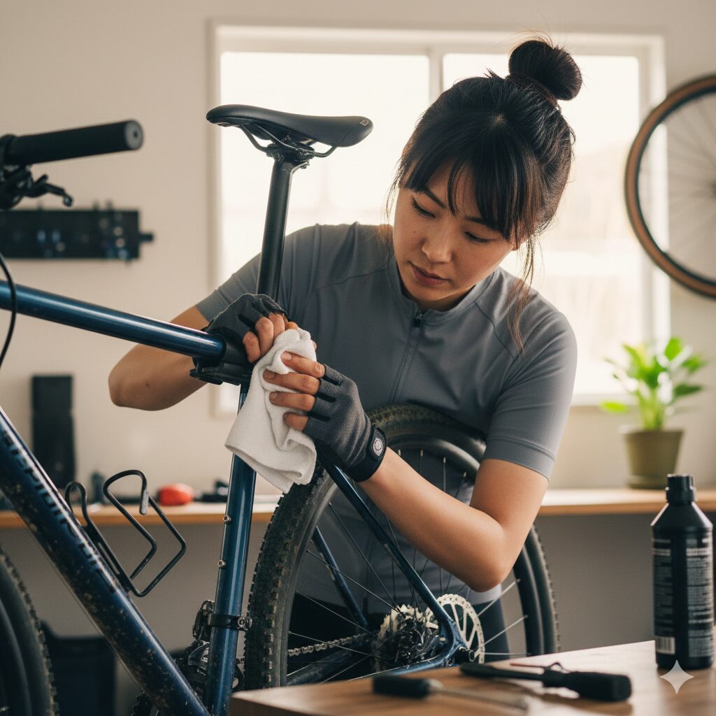 メンテナンスのために自転車のシートポスト部分を清掃している女性。