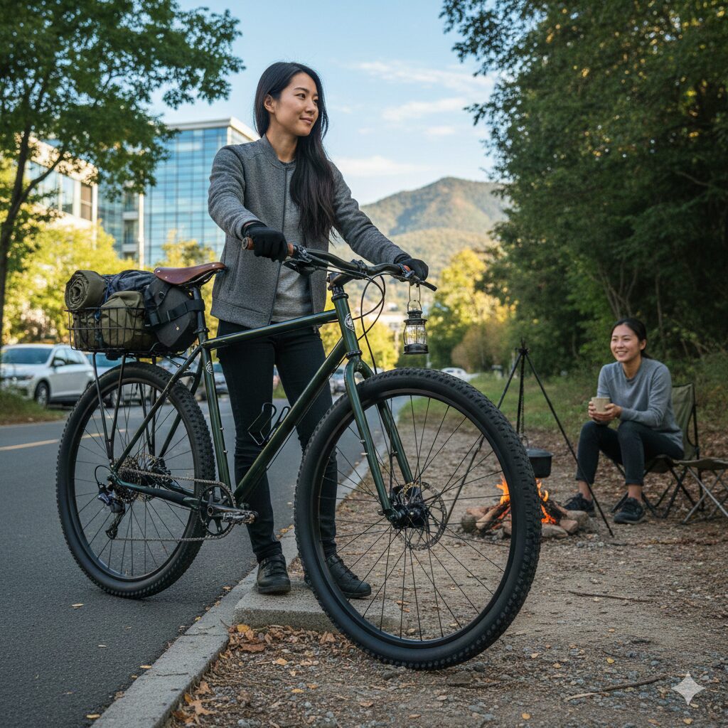 都会の街並みを快適に走る、シンプルなデザインの黒いフルリジッドマウンテンバイクに乗る美しい日本人女性。太いタイヤとリジッドフォークが特徴。