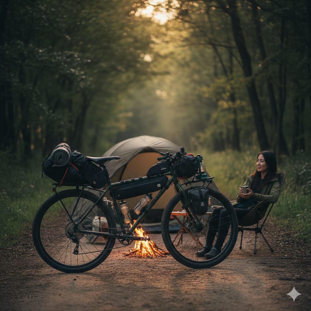 キャンプサイトに停められたリジッドマウンテンバイクと、テントやクッカー。アウトドアでの使用やキャンプツーリングの雰囲気を伝える。