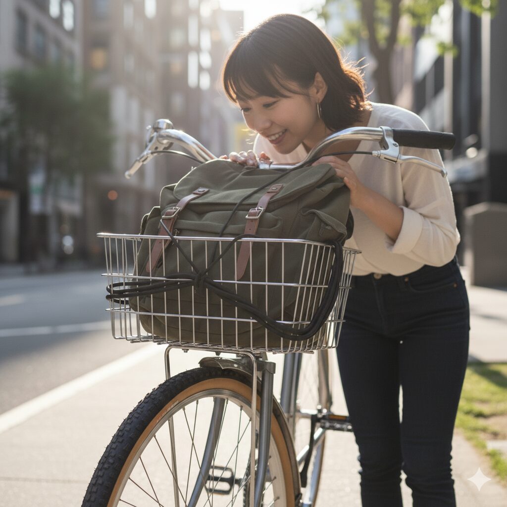 フロントバスケットにカーキ色のバックパックを入れたマウンテンバイクが、日差しの当たる都市の歩道に停まっている。